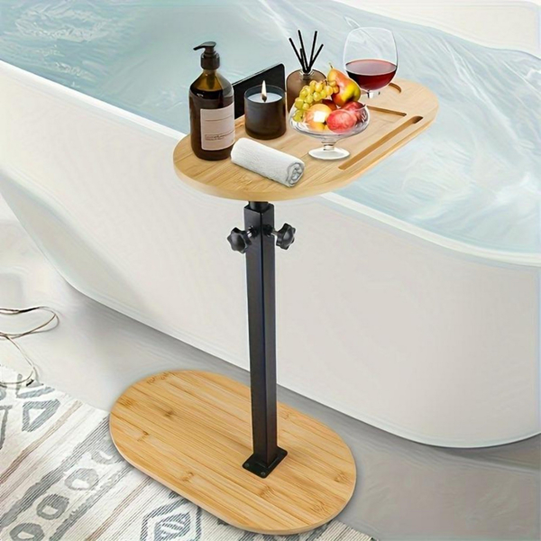 Adjustable height bamboo bathtub tray table, freestanding bathtub caddy tray for wall mounted bathtubs, bathtub side table for luxurious bathtubs, family hydrotherapy, and home heating