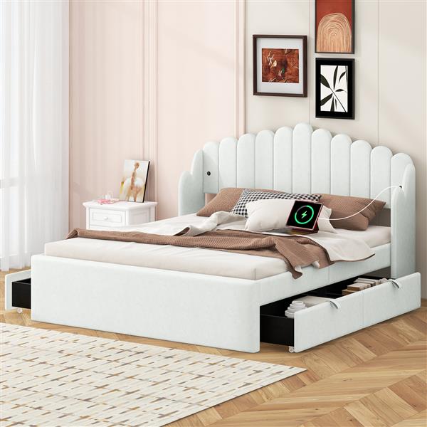 Queen Size Upholstered Platform Bed with 4 Drawers and 2 USB, Beige