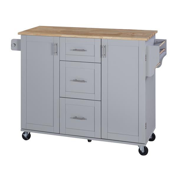 Rolling Kitchen Island with Storage, Kitchen Cart with Rubber Wood Top, 3 Drawer, 2 Slide-Out Shelf and Internal Storage Rack, Kitchen Island on Wheels with Spice Rack & Tower Rack, Grey Blue