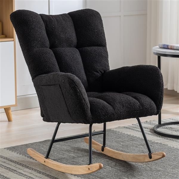 Rocking Chair with Pocket, Soft Teddy Fabric Rocking Chair for Nursery, Comfy Wingback Glider Rocker with Safe Solid Wood Base for Living Room Bedroom Balcony (black)