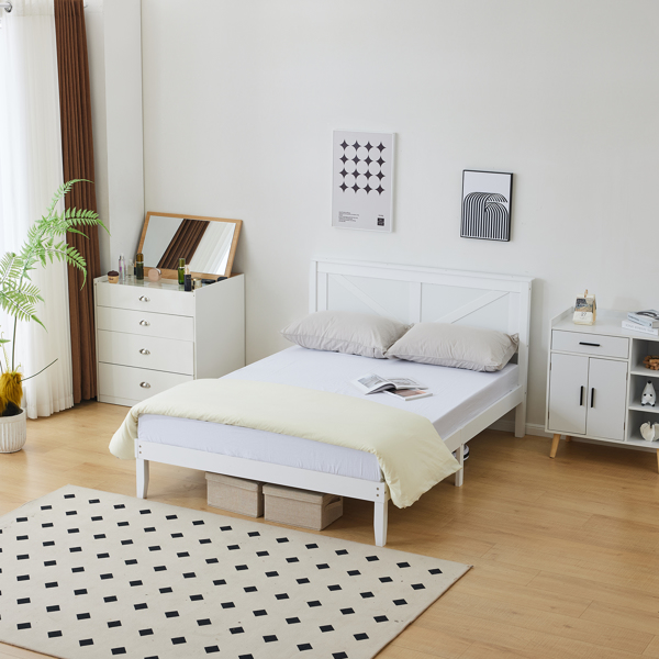 Full Size Solid Wood Platform Bed Frame with Headboard White