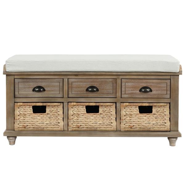 Rustic Storage Bench with 3 Drawers and 3 Rattan Baskets, Shoe Bench for Living Room, Entryway (White Washed)