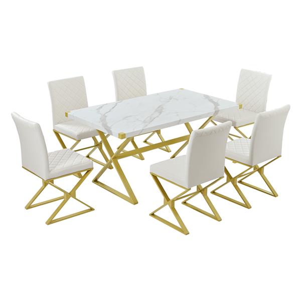 7-Piece Modern Dining Table Set, Rectangular Marble Texture Kitchen Table and 6 PU leather Chairs with X-Shaped ld Steel Pipe Legs for Dining Room (White)