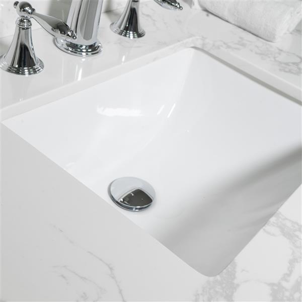 43x22 bathroom stone vanity top  engineered stone carrara white marble color with rectangle undermount ceramic sink and  3 faucet hole with back splash .