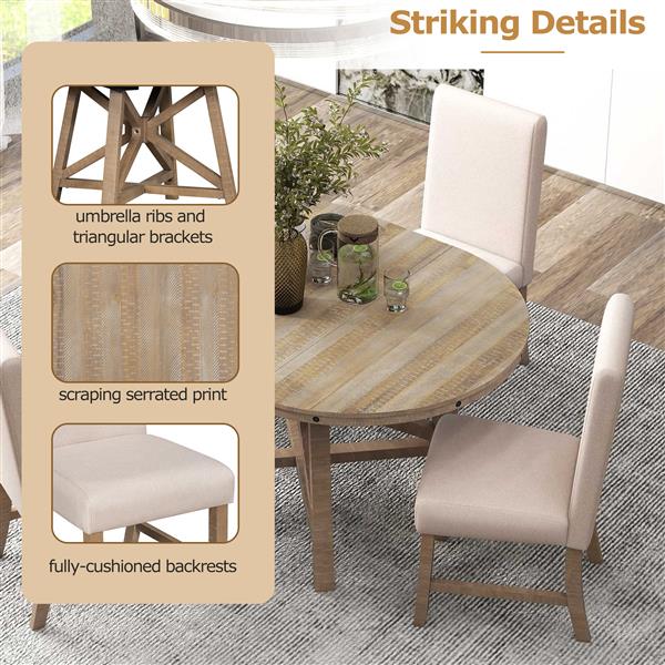 5-Piece Retro Functional Dining Set with Extendable Round Table with Removable Middle Leaf and 4 Upholstered Chairs for Dining Room and Living Room (Natural Wood Wash)