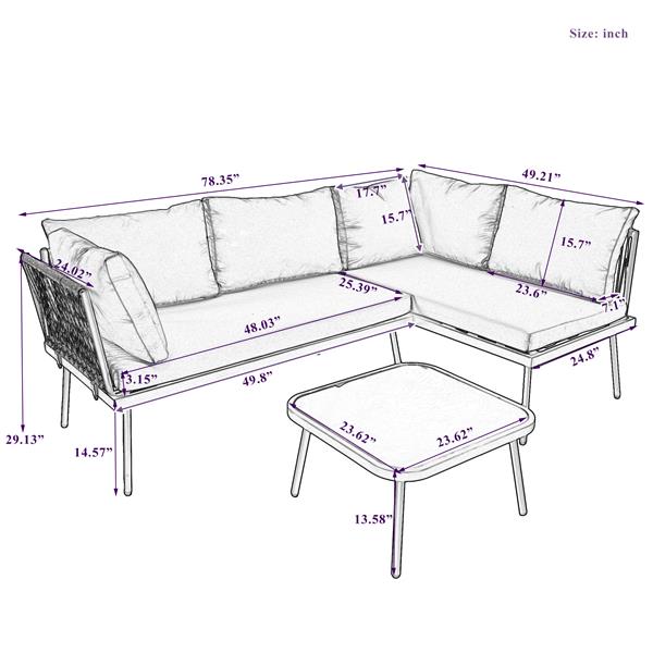 Modern Outdoor 3-Piece PE Rattan Sofa Set All Weather Patio Metal Sectional Furniture Set with Cushions and Glass Table for Backyard, Poolside, Garden, Gray,L-Shaped