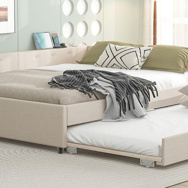 Queen Size Upholstered Platform Bed with USB and Twin Size Trundle, Beige