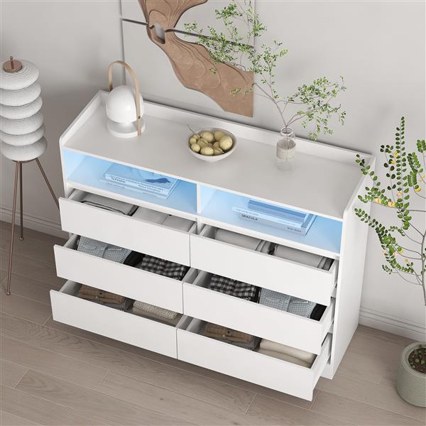 6 Drawer Dresser, White Dresser for Bedroom with LED Lights, Modern Dressers & Chests of Drawers with Sturdy Frame for Living Room, Entryway, Hallway