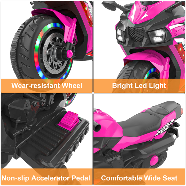 12V Electric Motorcycle for Kids, Powered Toy Motorcycle, Child Motorcycle Ride On with Light Wheels and Bluetooth Music Pink (No shipping on weekends)