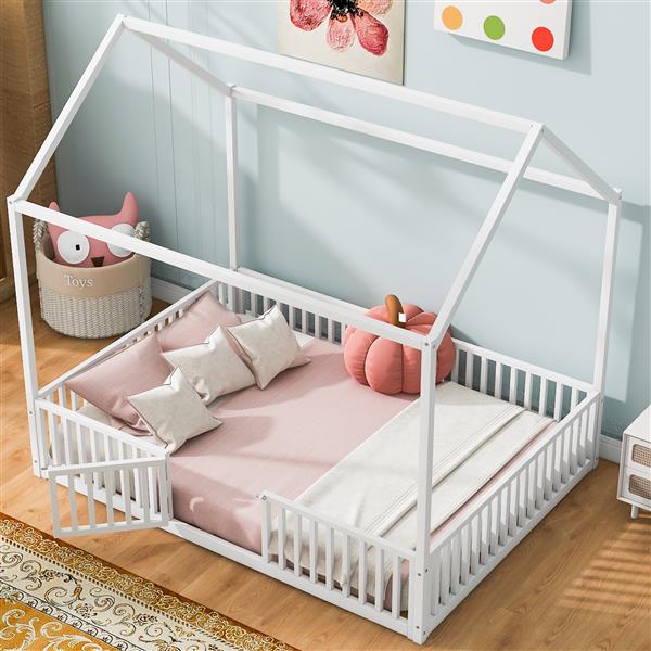 Full Size Metal House Bed with Fence and Door, White