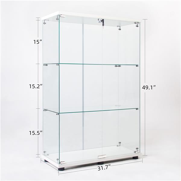 Two Door Glass Cabinet Glass Display Cabinet with 3 Shelves, White