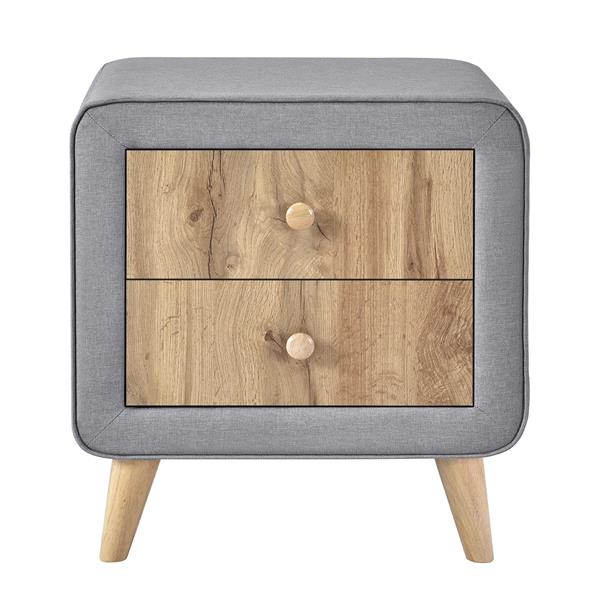 Upholstered Wooden Nightstand with 2 Drawers,Fully Assembled Except Legs and Handles,Bedside Table with Rubber Wood Leg-Gray