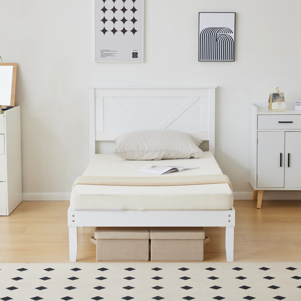 Twin Size Solid Wood Platform Bed Frame with Headboard White