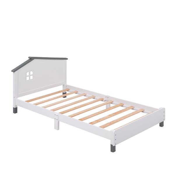 Twin Size Wood Platform Bed with House-shaped Headboard  (White+Gray)