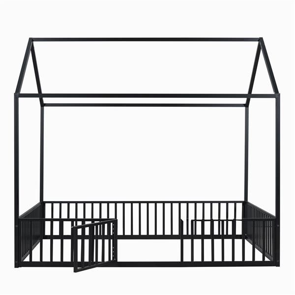 Full Size Metal House Bed with Fence and Door, Black