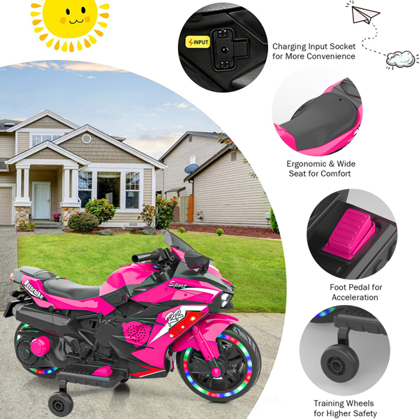 12V Electric Motorcycle for Kids, Powered Toy Motorcycle, Child Motorcycle Ride On with Light Wheels and Bluetooth Music Pink (No shipping on weekends)