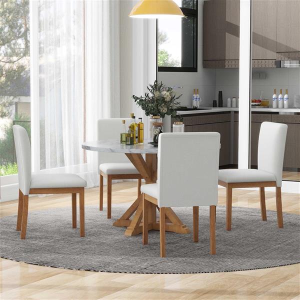 5-Piece Farmhouse Style Dining Table Set, Marble Sticker and Cross Bracket Pedestal Dining Table, and 4 Upholstered Chairs (White+Walnut)