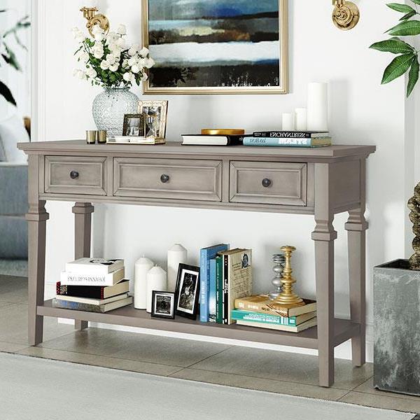 Classic Retro Style Console Table with Three Top Drawers and Open Style Bottom Shelf, Easy Assembly (Gray Wash)