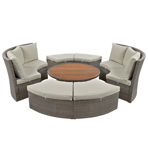 Patio 5-Piece Round Rattan Sectional Sofa Set All-Weather PE Wicker Sunbed Daybed with Round Liftable Table and Washable Cushions for Outdoor Backyard Poolside, Gray