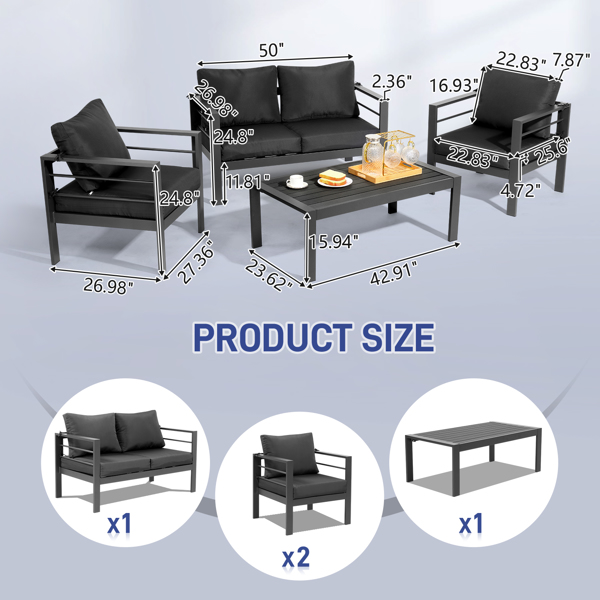 Aluminum Patio Furniture Set, 4 Pieces Modern Outdoor Conversation Set Sectional Sofa with Cushion and Coffee Table for Balcony Garden, Dark Grey