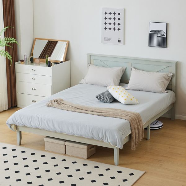 Queen Size Solid Wood Platform Bed Frame with Headboard Gray Wash