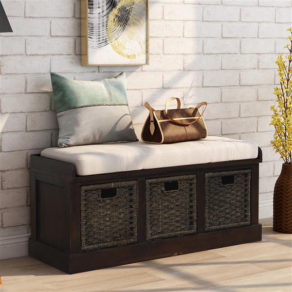 Rustic Storage Bench with 3 Removable Classic Rattan Basket , Entryway Bench with Removable Cushion (Espresso)