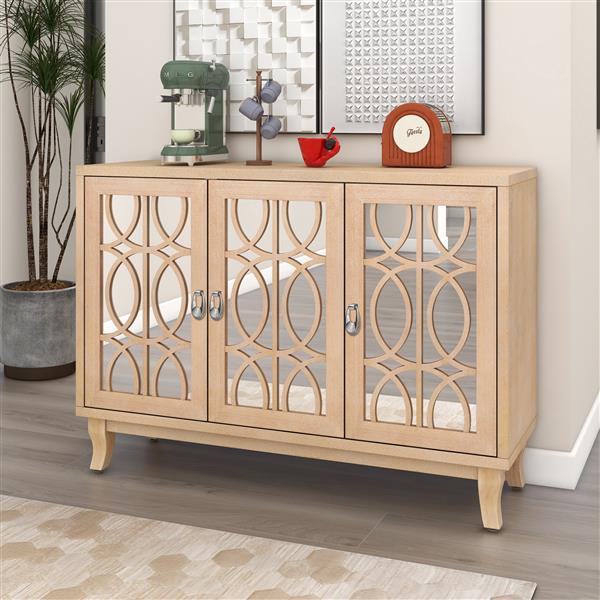 Sideboard with Glass Doors, 3 Door Mirrored Buffet Cabinet with Silver Handle for Living Room, Hallway, Dining Room (Natural Wood Wash)