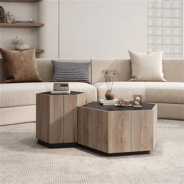 Rural Style Garden Retro Living Room Coffee Table with 2 drawers, Textured Black + Warm Oak