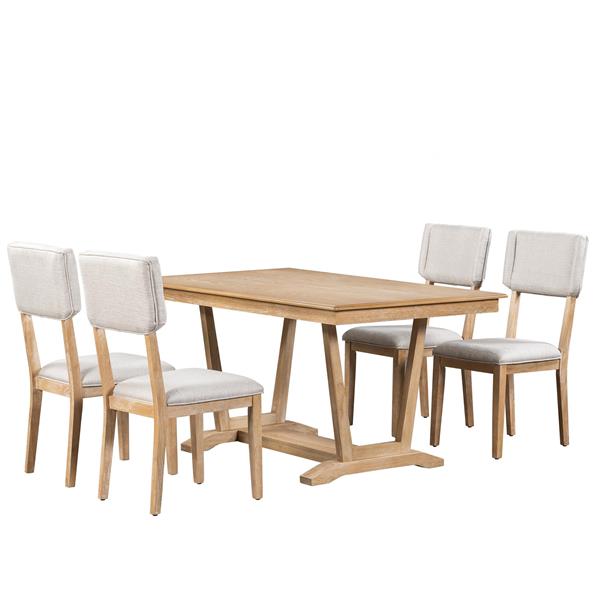 Rustic 5-piece Dining Table Set with 4 Upholstered Chairs, 59-inch Rectangular Dining Table with Trestle Table Base, Naural