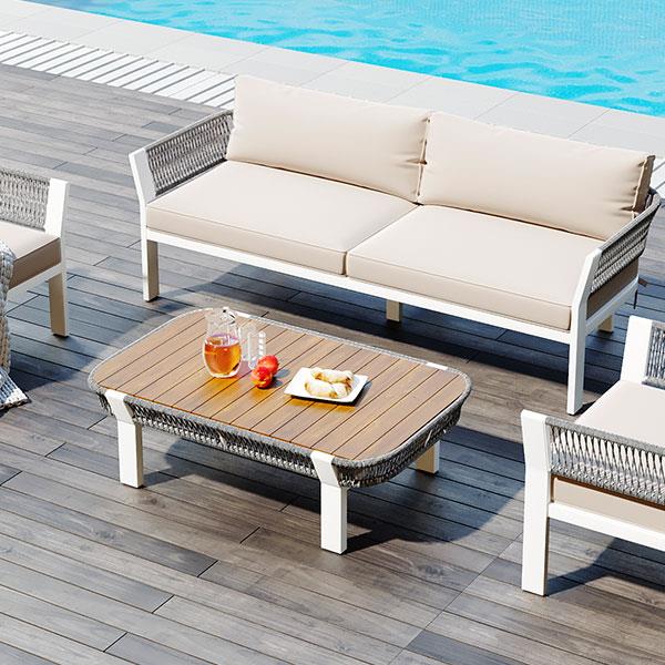 4-Piece Outdoor Patio Conversation Set with Coffee Table and Soft Waterproof Cushions for Garden, Poolside and Backyard(Gray Rope+Beige Cushion)