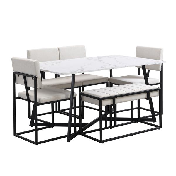 Modern Faux Marble 6-Piece Dining Table Set,60inch Metal Kitchen Table Set with Upholstered Dining Chairs and Bench, Black