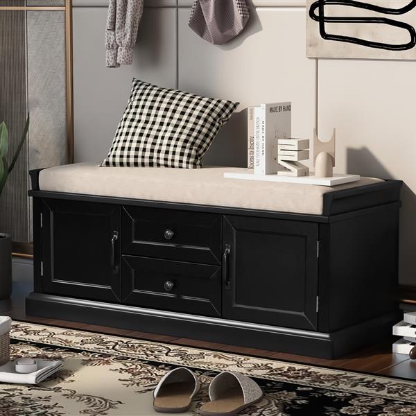 Storage Bench with 2 Drawers and 2 Cabinets, Shoe Bench with Removable Cushion for Living Room, Entryway (Black)