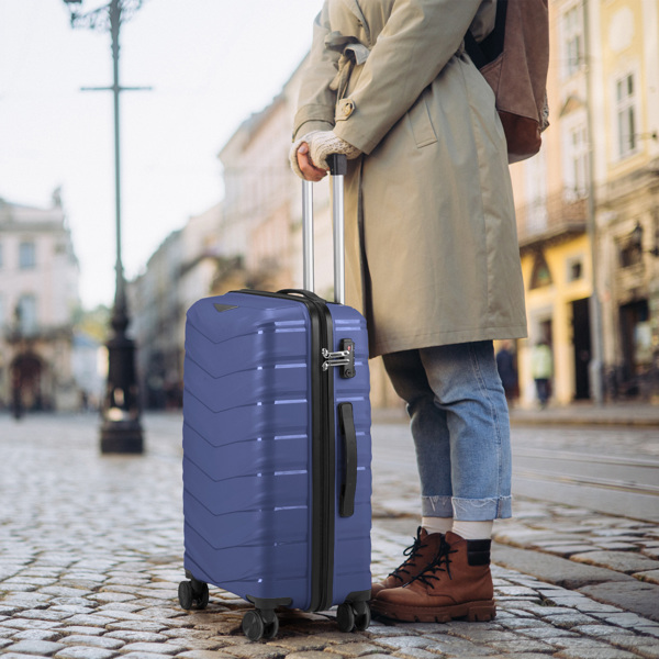 FCH V-shaped stripes 3-in-1 PP trolley case 20in 24in 28in PP iron trolley classic color - dark blue (grain pattern)