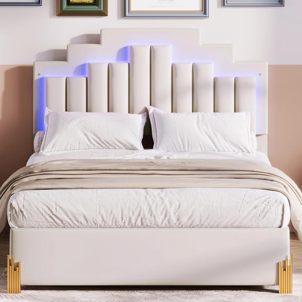 Full Size Upholstered Platform Bed with LED Lights and 4 Drawers, Stylish Irregular Metal Bed Legs Design, Beige