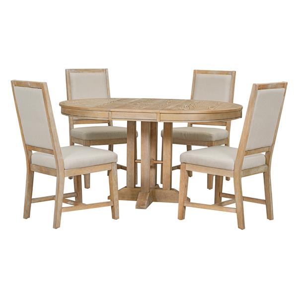 5-Piece Dining Set Extendable Round Table and 4 Upholstered Chairs Farmhouse Dining Set for Kitchen, Dining Room(Natural Wood Wash)