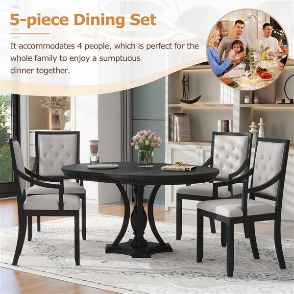 Retro 5-piece Dining Set Extendable Round Table and 4 Chairs for Kitchen Dining Room (BLACK OAK)