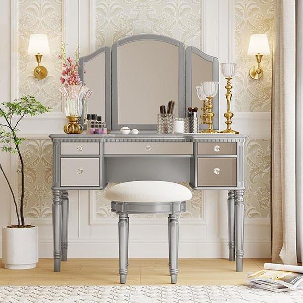 43" Dressing Table Set with Mirrored Drawers and Stool, Tri-fold Mirror, Makeup Vanity Set for Bedroom, Silver