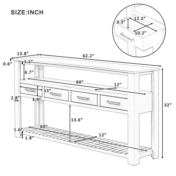 62.2'' Modern Console Table Sofa Table for Living Room with 4 Drawers and 2 Shelves