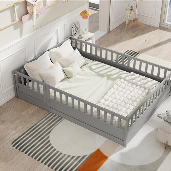 Full size  Floor bed, integral construction with super high security barrier, door, children's floor bed frame, Montessori wooden children's floor bed, Support slat Grey