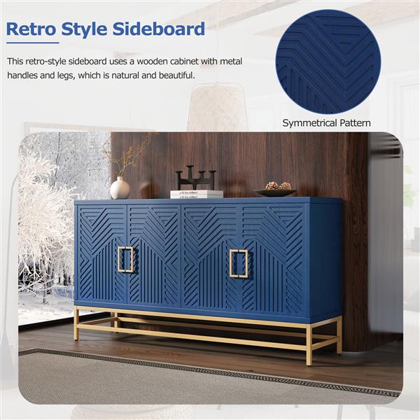 Retro-Style Sideboard with Adjustable Shelves, Rectangular Metal Handles and Legs for  Kitchen, Living room, and Dining Room  (Navy)