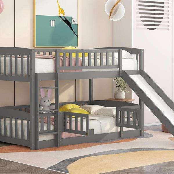 Bunk Bed with Slide,Twin Over Twin Low Bunk Bed with Fence and Ladder for Toddler Kids Teens Grey