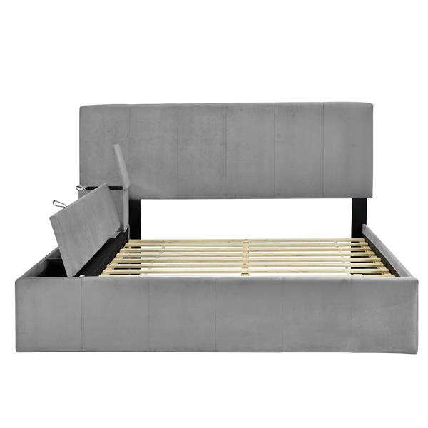 Full Size Upholstered Platform Bed with Lateral Storage Compartments and Thick Fabric, Velvet, Gray