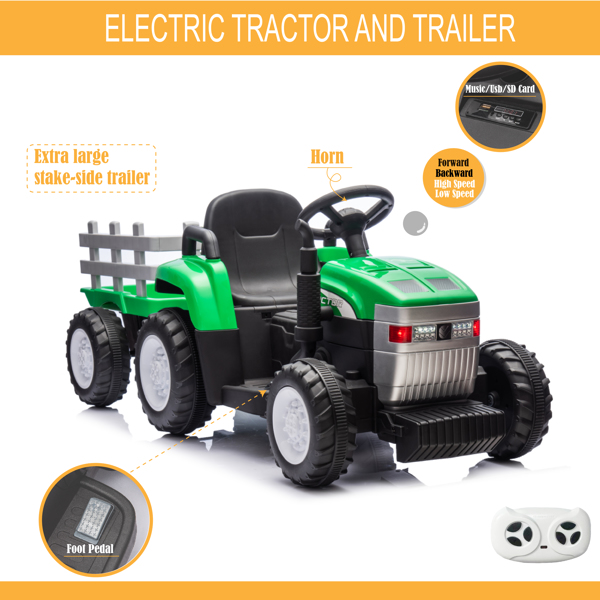 Green, 12V7AH Battery-Powered Toy Tractor with Trailer, Remote Control, Kids' Electric Excavator Vehicles with 2x35W Dual Motor, Treaded Tires, LED Lights, USB, Music,  - Gift Childrens DAY