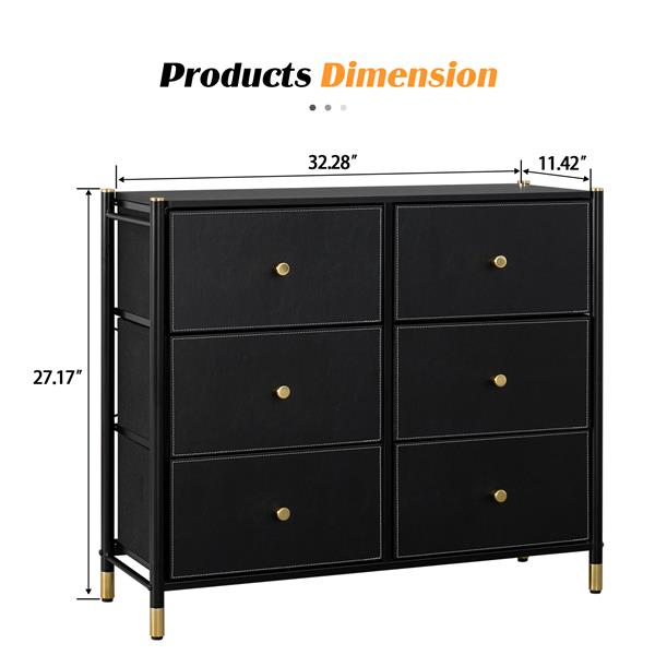 Drawer Dresser,Tall Dresser with 6 PU Leather Front Drawers, Storage Tower with Fabric Bins, Double Dresser, Chest of Drawers for Closet, Living Room, Hallway, Children's Room, color:Black