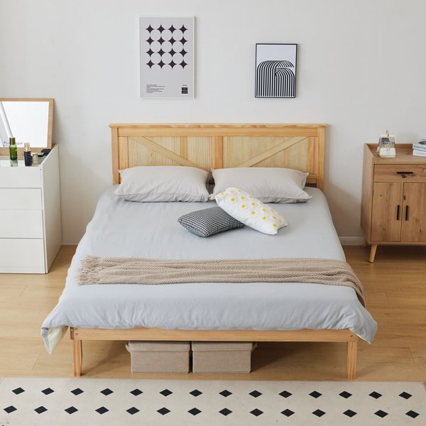 Full Size Solid Wood Platform Bed Frame with Headboard Natural