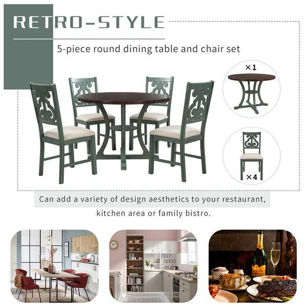 5-Piece Round Dining Table and 4 Fabric Chairs with Special-shaped Table Legs and Storage Shelf (Antique Blue/ Dark Brown)