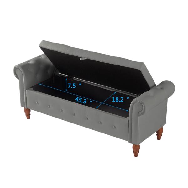 Grey, Solid Wood Legs, Velvet Bedroom End of Bed Storage Bench, Rolled Side Sofa Bench, Toy Storage Bench