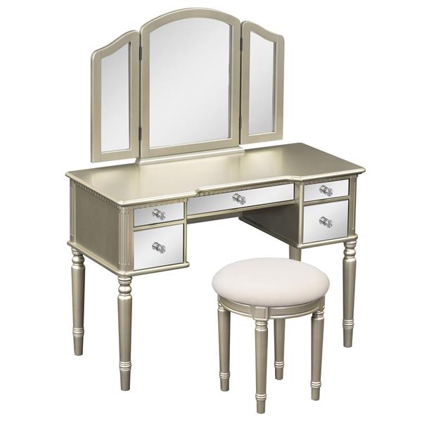 43" Dressing Table Set with Mirrored Drawers and Stool, Tri-fold Mirror, Makeup Vanity Set for Bedroom, Gold