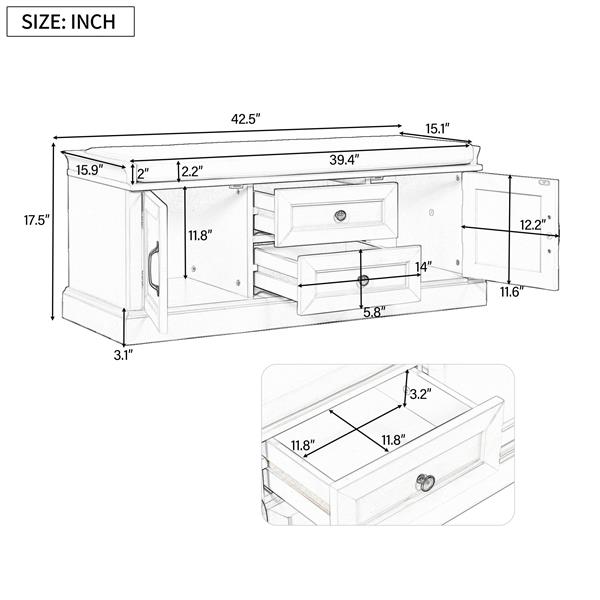 Storage Bench with 2 Drawers and 2 Cabinets, Shoe Bench with Removable Cushion for Living Room, Entryway (Black)