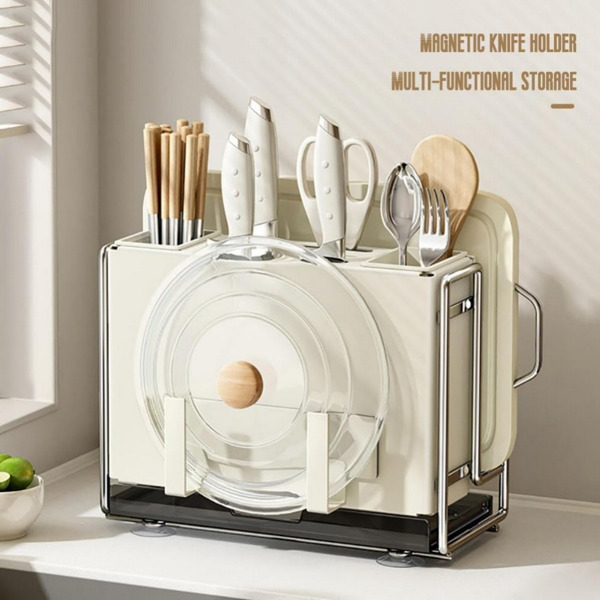 Knife Block Holder,Universal Knife Block,Kitchen Knife Holder,Kitchen Knife Rack Shelf, Magnetic Chopsticks Cage Chopping Board Put Chopping Board Knife One Storage Rack, white